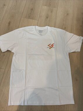 White Short-Sleeve Graphic Tee with Small Red-Yellow Chest Design